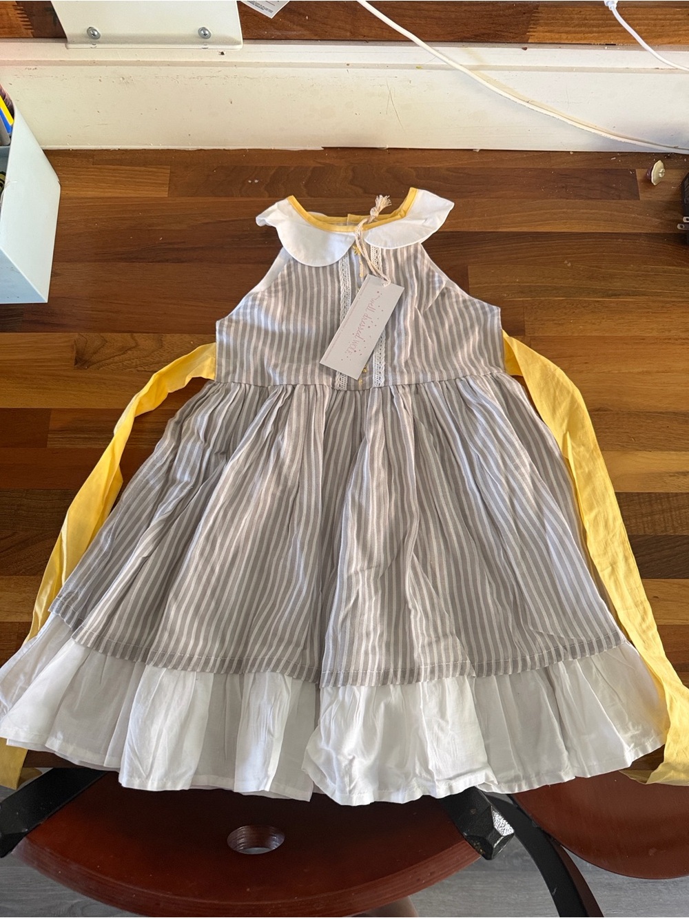Well Dressed Wolf White & Gray Striped Dress with Yellow Sash